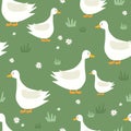 Colorful seamless pattern with happy geese. Decorative cute background with funny birds, flowers, grass Royalty Free Stock Photo