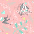 Seamless pattern with birds, hearts and flowers