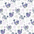 Seamless pattern with birds and hearts. Hand draw vector illustration in doodle style. Royalty Free Stock Photo