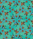 Seamless pattern of birds, hearts and notes with green-blue background Royalty Free Stock Photo