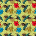 Seamless pattern of Birds Hummingbird, Hibiscus, Agave flower. Vector stock illustration eps10. Hand drawing.