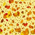 Seamless pattern with birds, leafs, clouds, rain drops, umbrella, acorns. Vector autumn theme background. Colorful drops.