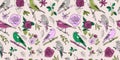 Seamless pattern. Birds nature animals illustration. Cute hand drawn bird and flowers doodles. Line style in minimalism Royalty Free Stock Photo