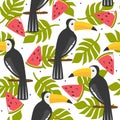 Colorful seamless pattern with toucans, palm leaves, watermelons. Decorative cute background, funny exotic birds