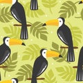 Colorful seamless pattern with toucans, palm leaves. Decorative cute background, funny exotic birds
