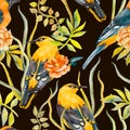 Seamless pattern of birds and plants. Vector. Leaves.