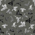 seamless pattern birds silhouettes gray watercolor with granulation