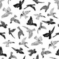 seamless pattern birds silhouettes gray watercolor with granulation