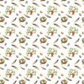 Seamless pattern with birds on the tree, nest with eggs and feathers