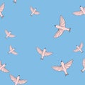 Seamless pattern with birds in trendy colors rose quartz and serenity