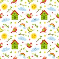 Seamless pattern with birds, twigs, birdhouse sun and cloud. Cute cartoon spring, summer flat vector elements. Children Royalty Free Stock Photo