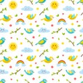 Seamless pattern with birds, twigs, rainbows, sun and cloud. Cute cartoon spring, summer flat vector elements. Children`s pattern Royalty Free Stock Photo