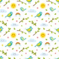 Seamless pattern with birds, twigs, rainbows, sun and cloud. Cute cartoon spring, summer flat vector elements. Children Royalty Free Stock Photo