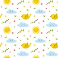 Seamless pattern with birds, twigs, sun and cloud. Cute cartoon flat vector elements. Children`s pattern for textiles and Royalty Free Stock Photo