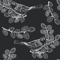 Seamless pattern with birds and willow branches on black background. Hand-drawn vector Illustration. Spring background. Royalty Free Stock Photo