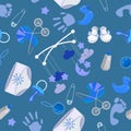 Seamless pattern for the birth of a boy. Seamless set of baby icons in blue tones. Vector set Royalty Free Stock Photo