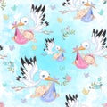 Seamless pattern for the birth of a child. Stork with baby. Vector