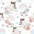 Seamless pattern for the birth of a child with storks carrying babies and toys on balloons. Vector