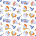 Seamless pattern with birthday cake, bouquet of flower, party hat, balloon in cute doodle style. Design with holiday