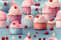 seamless pattern with birthday cakes and cupcakes with cream and candles on blue background