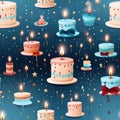 seamless pattern with birthday cakes and cupcakes with cream and candles on blue background