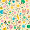 Seamless pattern with birthday design elements on a yellow background. Vector illustration Royalty Free Stock Photo