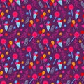 Seamless pattern with birthday party decorative icons set with birthday cake, ice cream, confetti and assorted colorful lollipops Royalty Free Stock Photo