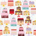 Seamless pattern Birthday, valentines day, wedding, engagement. Set sweet cake, Cake Stand, fresh fruits berries, chocolate icing Royalty Free Stock Photo