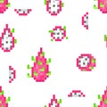 Seamless pattern with 8 bit pixel art dragon fruit pitaya; pitahaya isolated on white background Royalty Free Stock Photo