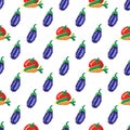 Seamless pattern with 8 bit pixel carrot, cucumber, eggplant and tomato on a white background. Vector illustration.Old school