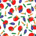 Seamless pattern with 8 bit pixel carrot, cucumber, eggplant and tomato on a white background. Vector illustration.Old school