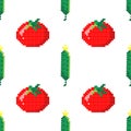 Seamless pattern with 8 bit pixel cucumber and tomato on a white background. Vector illustration.Old school computer graphic style