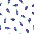 Seamless pattern with 8 bit pixel eggplant on a white background. Vector illustration. Old school computer graphic style