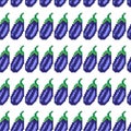 Seamless pattern with 8 bit pixel eggplant on a white background. Vector illustration. Old school computer graphic style