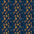 Seamless pattern with bitcoin cryptocurrency represented as gold coins on a dark blue background.