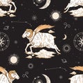 Seamless pattern. Black background with constellations, sun, moon and stars.