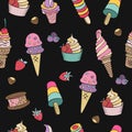 Seamless pattern on black background. Miscellaneous ice cream wi