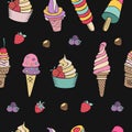 Seamless pattern on black background. Miscellaneous ice cream wi