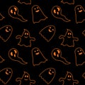 Seamless pattern black background with orange endless ghost on halloween festive.