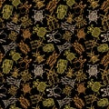 Seamless pattern on a black background is the outline of an Insect Beetle. Pattern with beetles colored outline on a Royalty Free Stock Photo