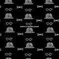 Seamless pattern black background white, glasses, hats, bow tie scribble. Royalty Free Stock Photo