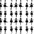 Seamless pattern black ballerinas in a shuttlecock dress dancing in different poses on a white background cartoon Royalty Free Stock Photo