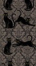 Seamless Pattern of Black Cats on Damask Background Royalty Free Stock Photo