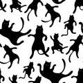 Seamless pattern of a black cats dancing. Funny silhouette.