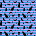 Seamless pattern with black cats and mouses in blue pink colors