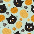 Seamless pattern with black cats, pumpkins and fall leaves. Halloween background. Vector illustration. Royalty Free Stock Photo