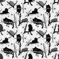 Seamless pattern with black cats silhouette. Cats sleep on tree branches