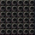 Seamless pattern black circles on black squares in a rainbow glowing frames, stylized disco speakers subwoofers. black background