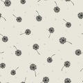 Seamless pattern with black dandelions on beige vintage background. Single flowers scattered in chaotic way. Splashes of paint, Royalty Free Stock Photo