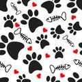 Seamless pattern with black dog paws,hearts and fish bones skeletons on white background. Vector flat cartoon Royalty Free Stock Photo